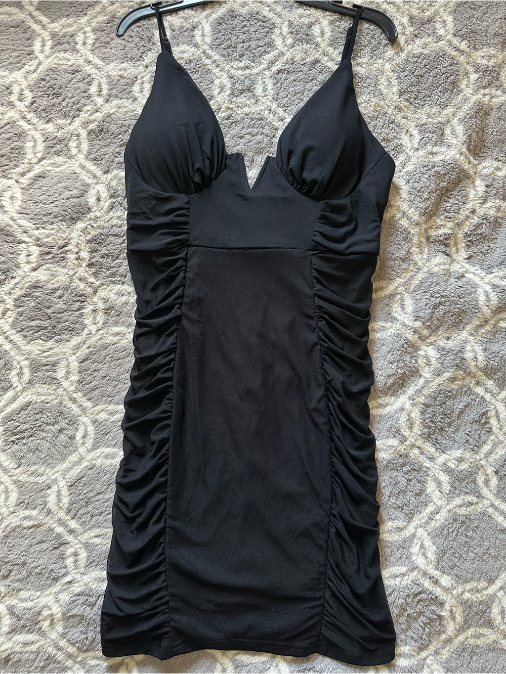 Blush Black Ruched Mini Dress with V-Notch Bust Size Large